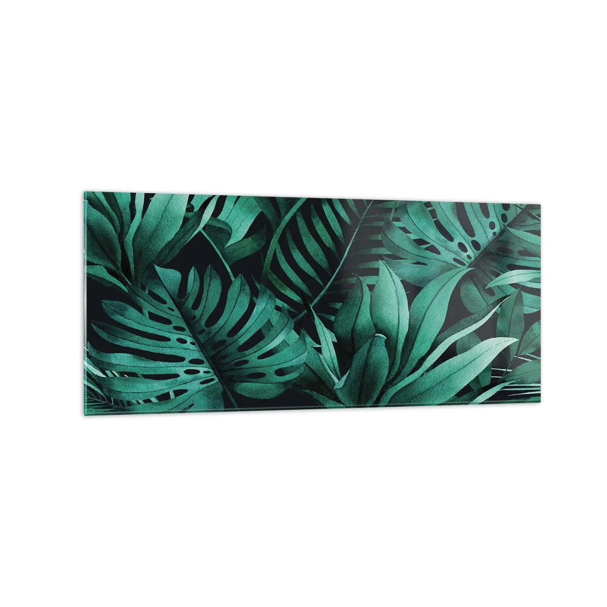 Impression sur verre - Image sur verre - Feuilles tropicales aux nuances de vert intense - 120x50cm - Profondeur du vert tropical - Décoration murale moderne pour le salon et la chambre ARTTOR