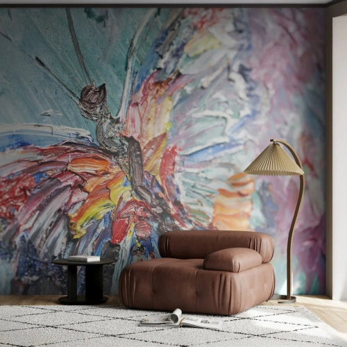 Papier Peint Photo Premium Sand - Un papillon coloré dans une abstraction picturale - 100x70cm - Peint par nature - Décoration murale moderne pour le salon et la chambre ARTTOR