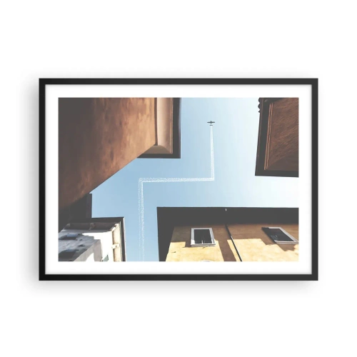 Affiche dans un cadre noir - Poster - Vue de l'avion et de sa traînée dans le ciel depuis une perspective de rue - 70x50cm - Au-dessus du labyrinthe de la ville - Décoration murale moderne pour le salon et la chambre ARTTOR