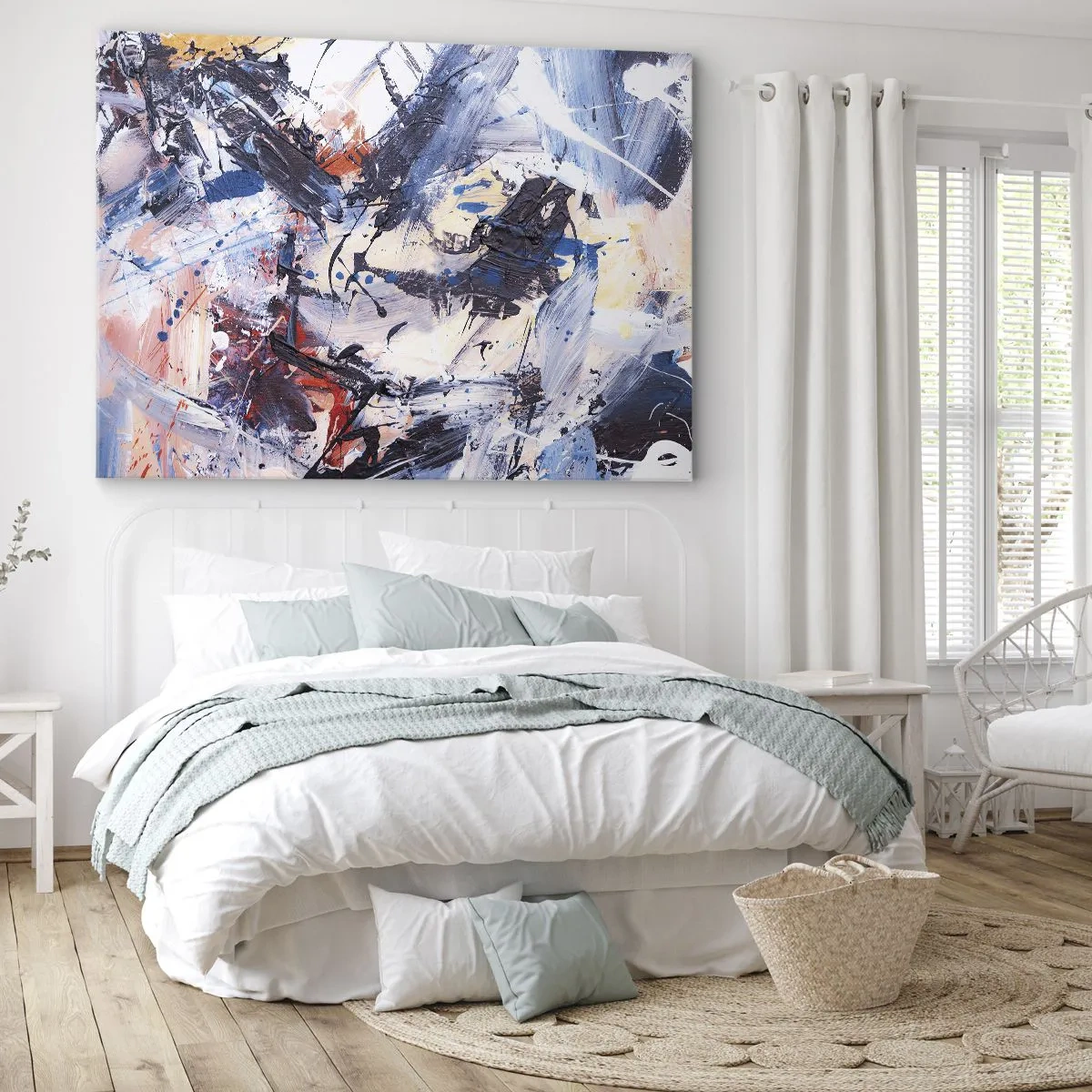 Impression sur toile - Image sur toile - Abstraction avec des coups de pinceau dynamiques en bleu et rouge. - 100x70cm - La danse folle de l'abstrait - Décoration murale moderne pour le salon et la chambre ARTTOR