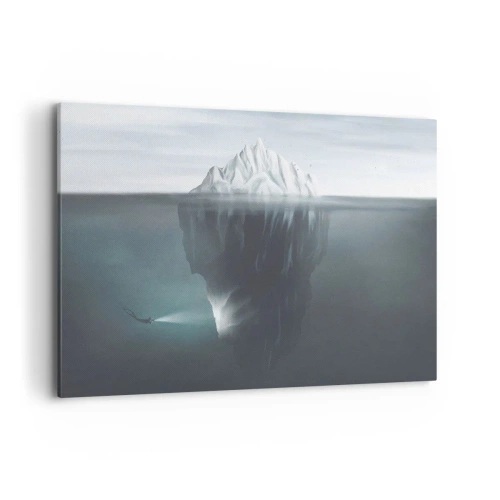 Impression sur toile - Image sur toile - Un iceberg dans l'eau avec un plongeur et un projecteur sous la surface. - 120x80cm - Mystère sous-marin - Décoration murale moderne pour le salon et la chambre ARTTOR