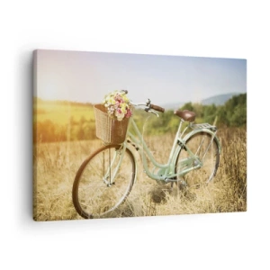 Impression sur toile - Image sur toile - Un vélo rétro avec un panier rempli de fleurs sur fond de prairie. - 70x50cm - Je vais rester un petit moment - Décoration murale moderne pour le salon et la chambre ARTTOR