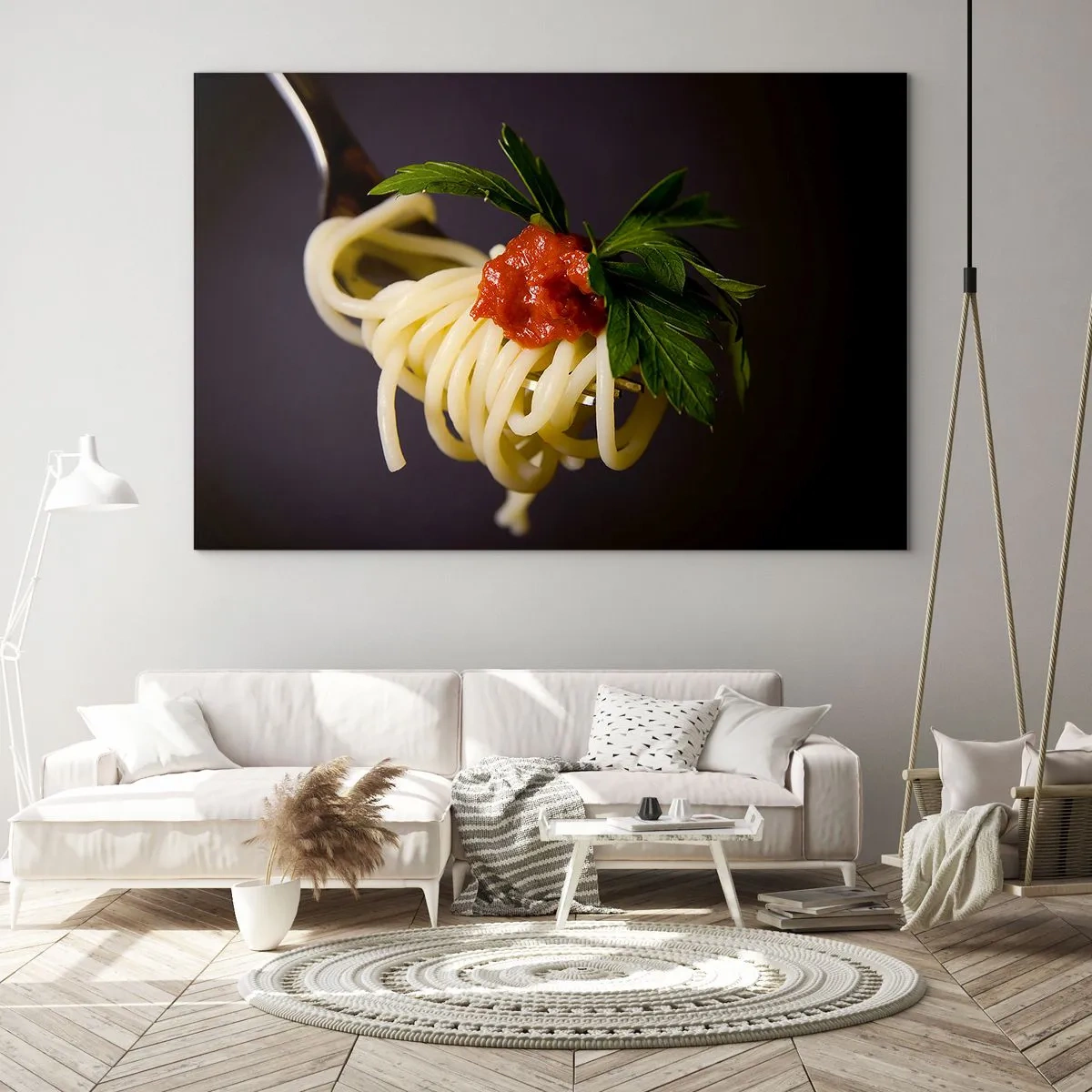 Impression sur verre - Image sur verre - Spaghettis à la fourchette avec sauce tomate - 100x70cm - Une bouchée savoureuse - Décoration murale moderne pour le salon et la chambre ARTTOR