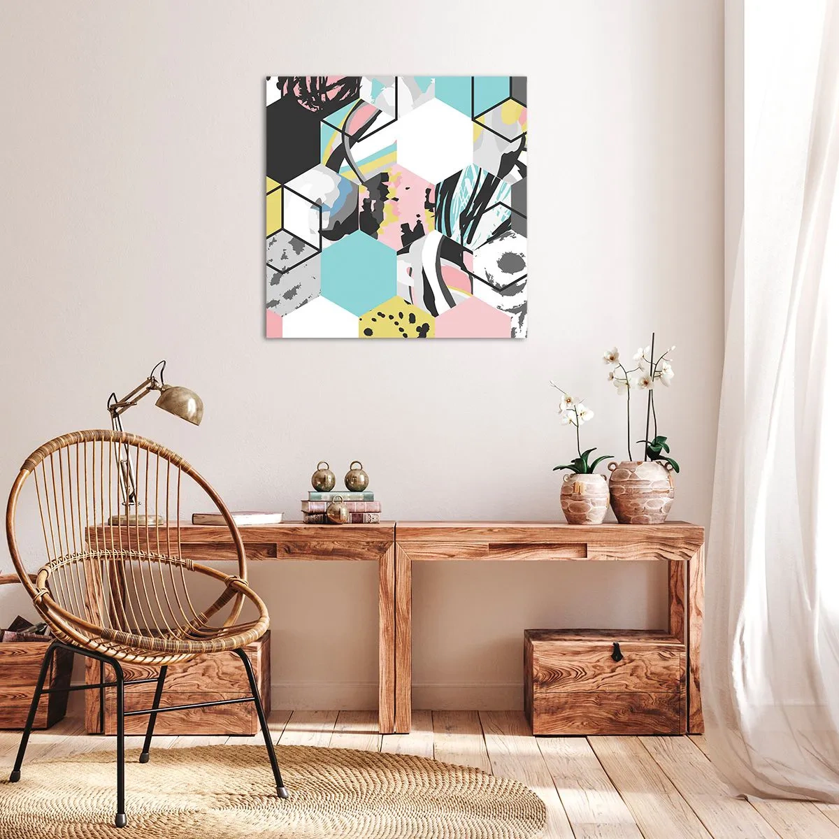 Impression sur toile - Image sur toile - Hexagones et cubes en six couleurs - 40x40 cm