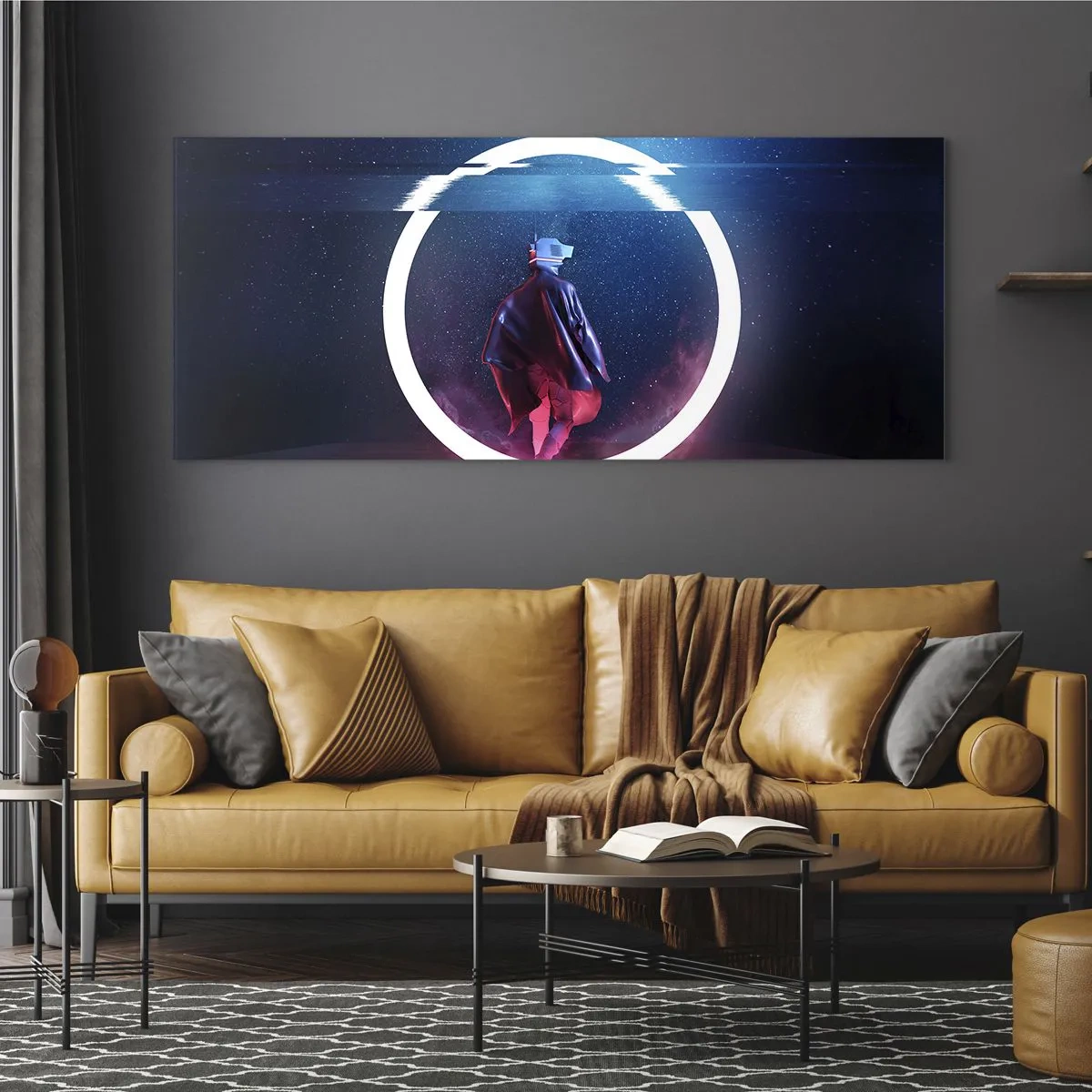 Impression sur verre - Image sur verre - Un personnage dans un environnement futuriste avec un cercle de néon - 140x50cm - Entre deux mondes - Décoration murale moderne pour le salon et la chambre ARTTOR
