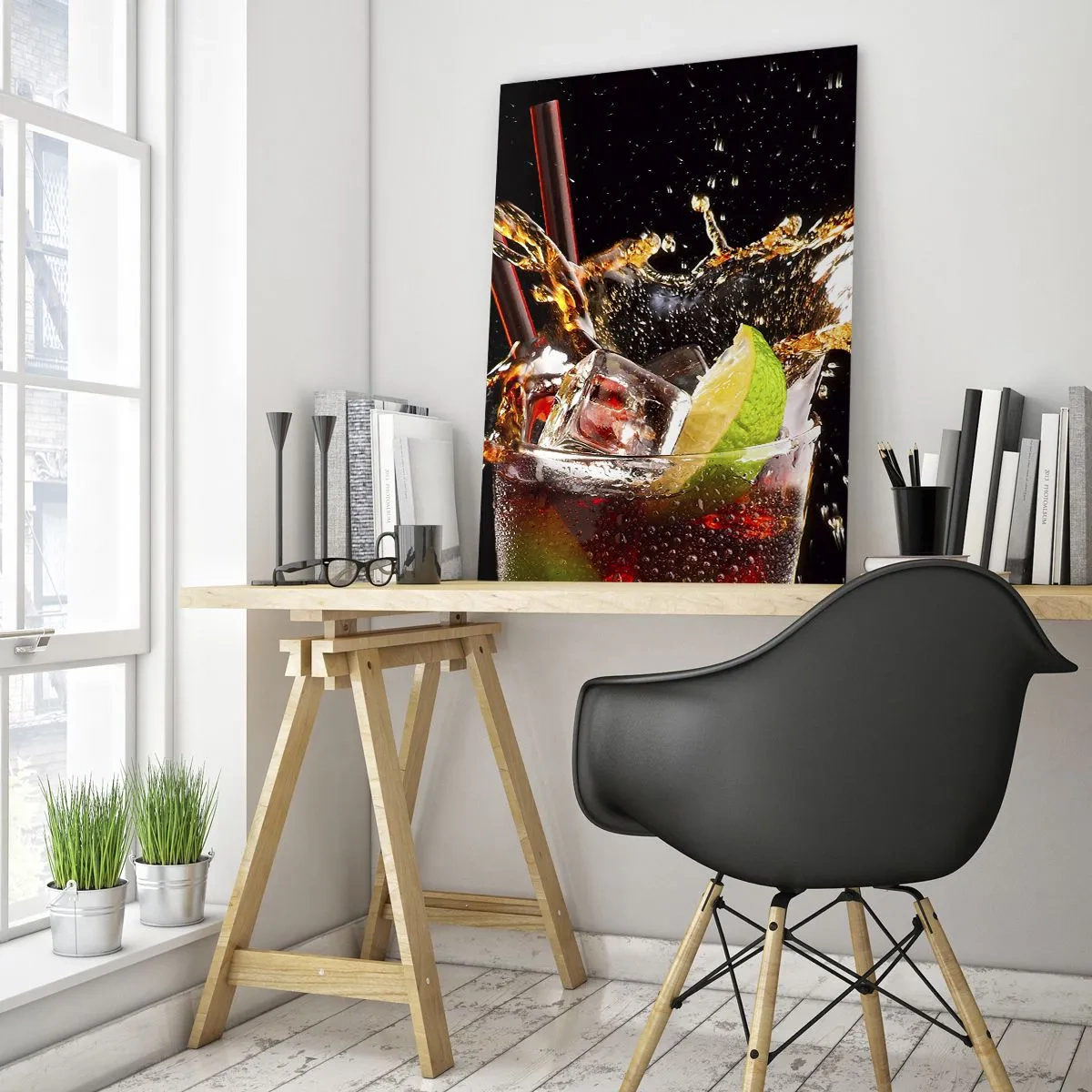 Impression sur verre - Image sur verre - Un verre de boisson, citron vert et glace au moment des éclaboussures dynamiques - 80x120cm - Joie et énergie des couleurs - Décoration murale moderne pour le salon et la chambre ARTTOR