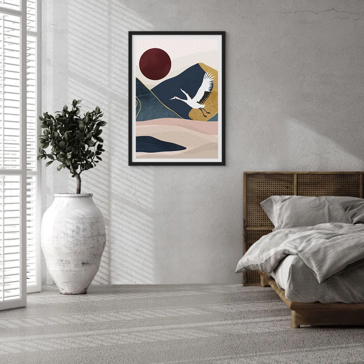 Affiche dans un cadre noir - Poster - Graphique minimaliste avec une grue et un paysage de montagne - 50x70cm - Encore une fois, la journée s'est ÉCOULÉE - Décoration murale moderne pour le salon et la chambre ARTTOR