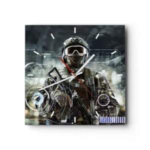 Horloge murale - Pendule murale - Un soldat portant un casque futuriste avec une arme à feu en arrière-plan de la technologie. - 30x30cm - Puissance sans limite - Décoration murale moderne pour le salon et la chambre ARTTOR