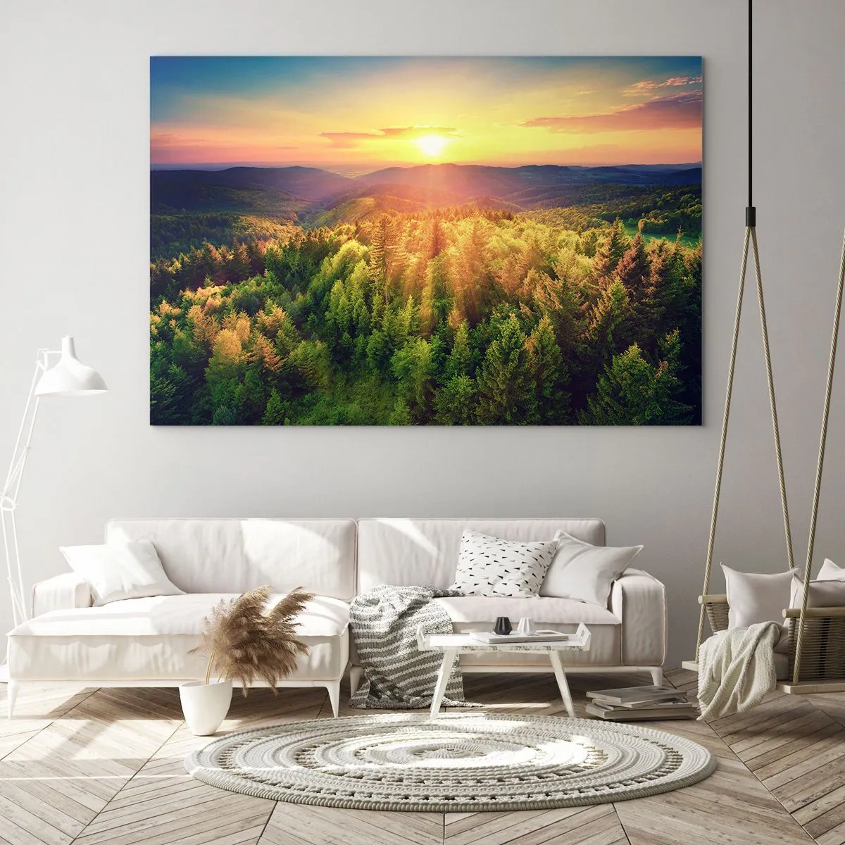 Impression sur verre - Image sur verre - Coucher de soleil sur une forêt de montagne avec vue sur les vallées - 70x50cm - Monts et sommets - Décoration murale moderne pour le salon et la chambre ARTTOR