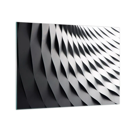 Impression sur verre - Image sur verre - Une structure abstraite en noir et blanc ressemblant à des formes ondulées. - 70x50cm - A la surface des vagues - Décoration murale moderne pour le salon et la chambre ARTTOR