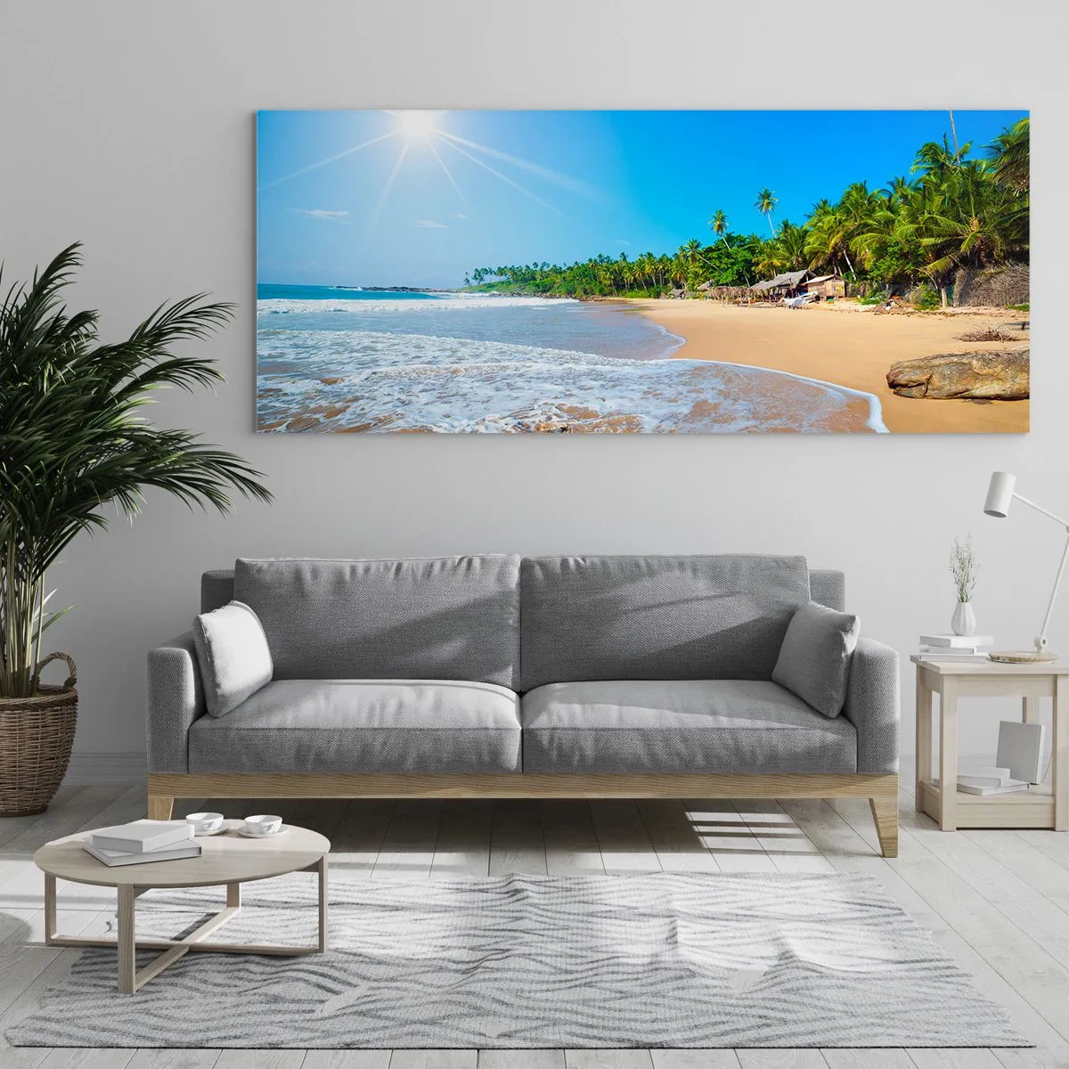 Impression sur verre - Image sur verre - Plage tropicale avec palmiers et ciel bleu - 140x50cm - Un endroit exotique pour vous - Décoration murale moderne pour le salon et la chambre ARTTOR