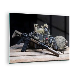Impression sur verre - Image sur verre - Équipement tactique et armes disposés sur une table en bois - 70x50cm - Se reposer! - Décoration murale moderne pour le salon et la chambre ARTTOR