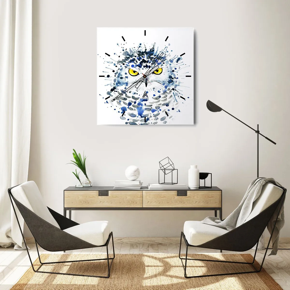 Horloge murale - Pendule murale - Portrait abstrait d'un hibou aux couleurs bleu et jaune - 30x30cm - Droit dans les yeux - Décoration murale moderne pour le salon et la chambre ARTTOR