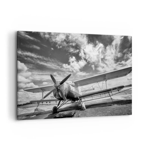 Impression sur toile - Image sur toile - Un vieil avion à l'aéroport en noir et blanc - 100x70cm - Je suis impatient! - Décoration murale moderne pour le salon et la chambre ARTTOR