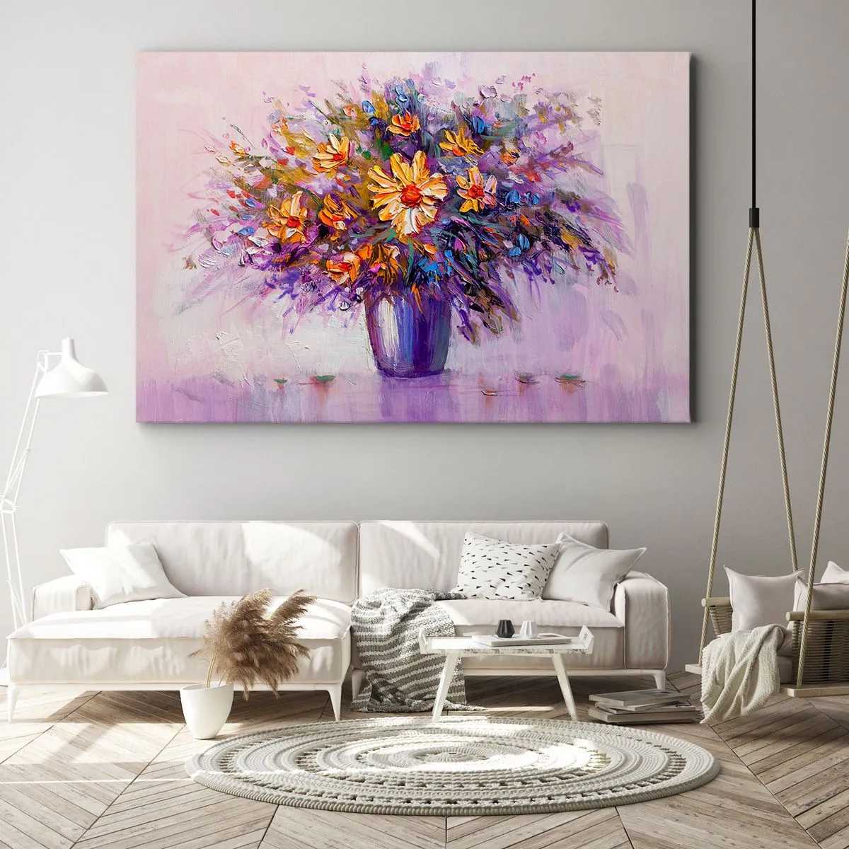 Impression sur toile - Image sur toile - Un bouquet de fleurs dans un vase sur fond pastel - 100x70cm - Ça sent bon, ça a l'air doux - Décoration murale moderne pour le salon et la chambre ARTTOR