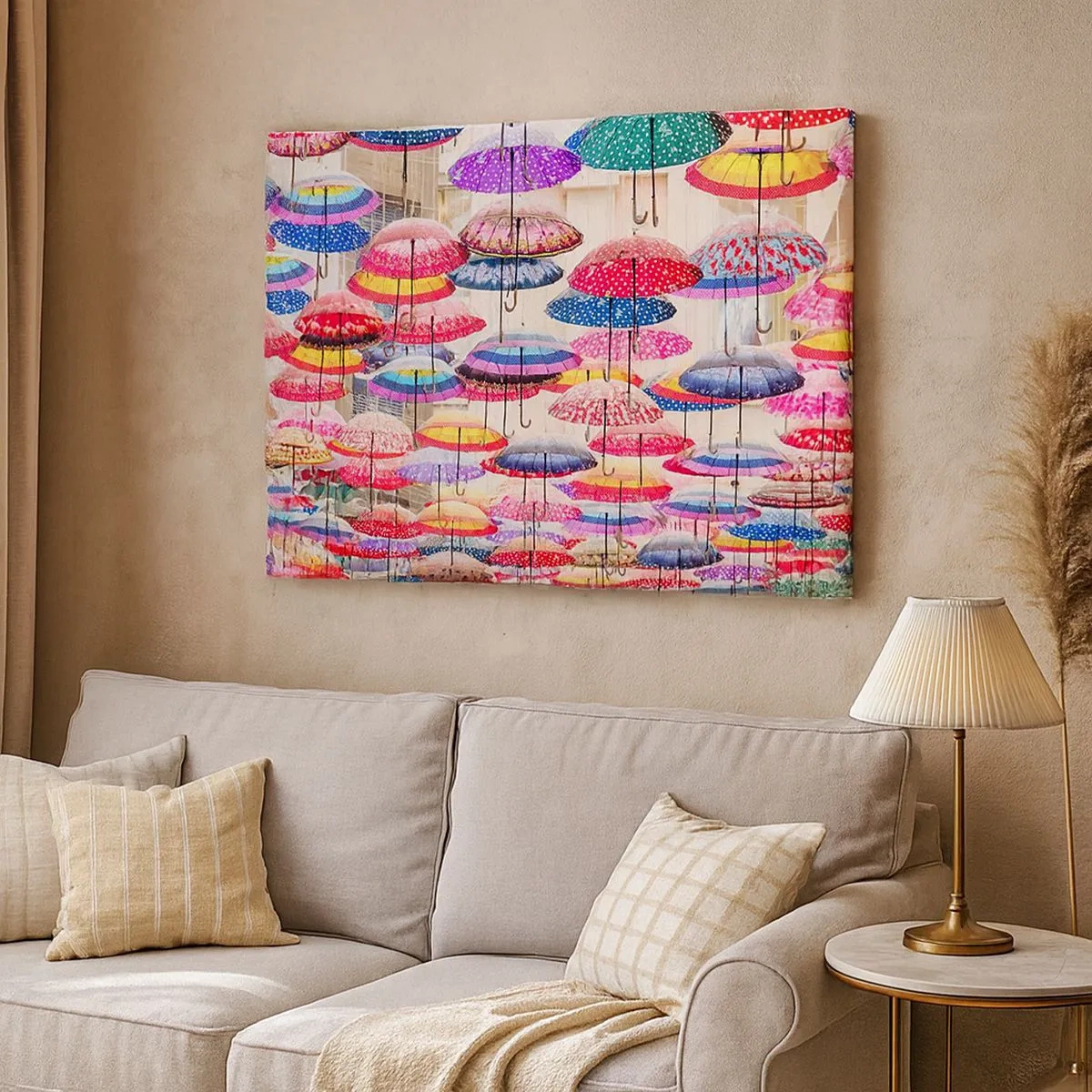 Impression sur toile - Image sur toile - Parapluies colorés suspendus dans les airs - 70x50cm - Prairie de la ville - Décoration murale moderne pour le salon et la chambre ARTTOR