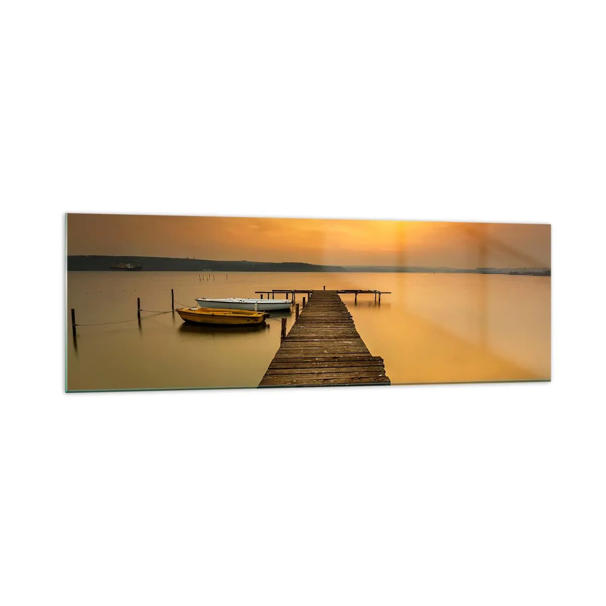 Impression sur verre - Image sur verre - Jetée en bois et bateaux sur le lac au coucher du soleil - 160x50cm - Je t'ouvrirai le ciel d'or - Décoration murale moderne pour le salon et la chambre ARTTOR