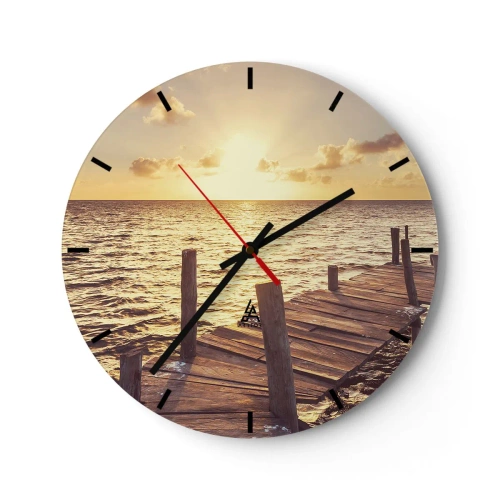 Horloge murale - Pendule murale - Jetée en bois au coucher du soleil - 30x30cm - La terre d'or de la douceur - Décoration murale moderne pour le salon, la cuisine et la chambre ARTTOR