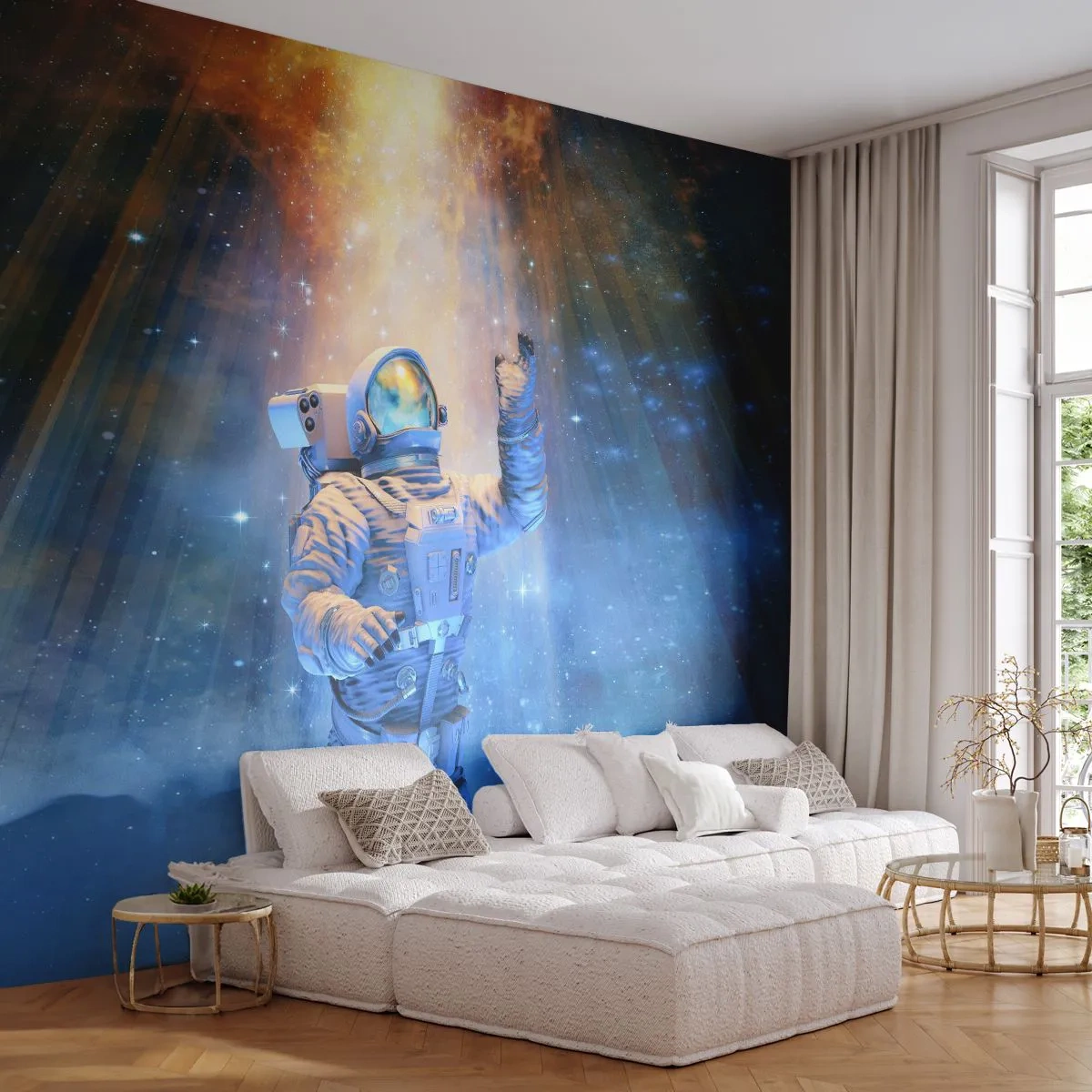 Papier Peint Photo Premium Sand - Un astronaute dans l'espace entouré d'une aura lumineuse - 100x70cm - Enfin arrivé - Décoration murale moderne pour le salon et la chambre ARTTOR