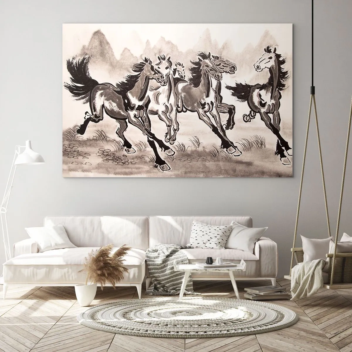 Impression sur verre - Image sur verre - Un groupe de chevaux au galop à la chinoise - 70x50cm - Dans un joyeux galop - Décoration murale moderne pour le salon et la chambre ARTTOR