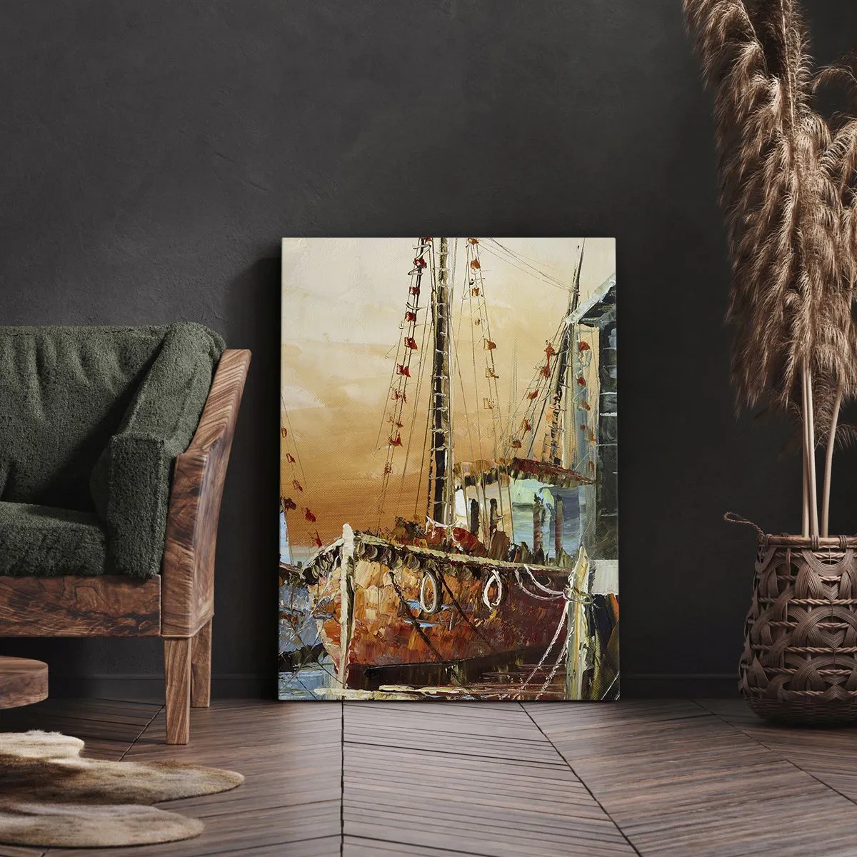 Impression sur toile - Image sur toile - Bateaux sur le rivage dans la chaude lumière du coucher de soleil - 80x120cm - Retour tranquille - Décoration murale moderne pour le salon et la chambre ARTTOR