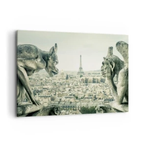 Impression sur toile - Image sur toile - Gargouilles surplombant les toits de Paris et la Tour Eiffel - 100x70cm - Bavardage parisien - Décoration murale moderne pour le salon et la chambre ARTTOR