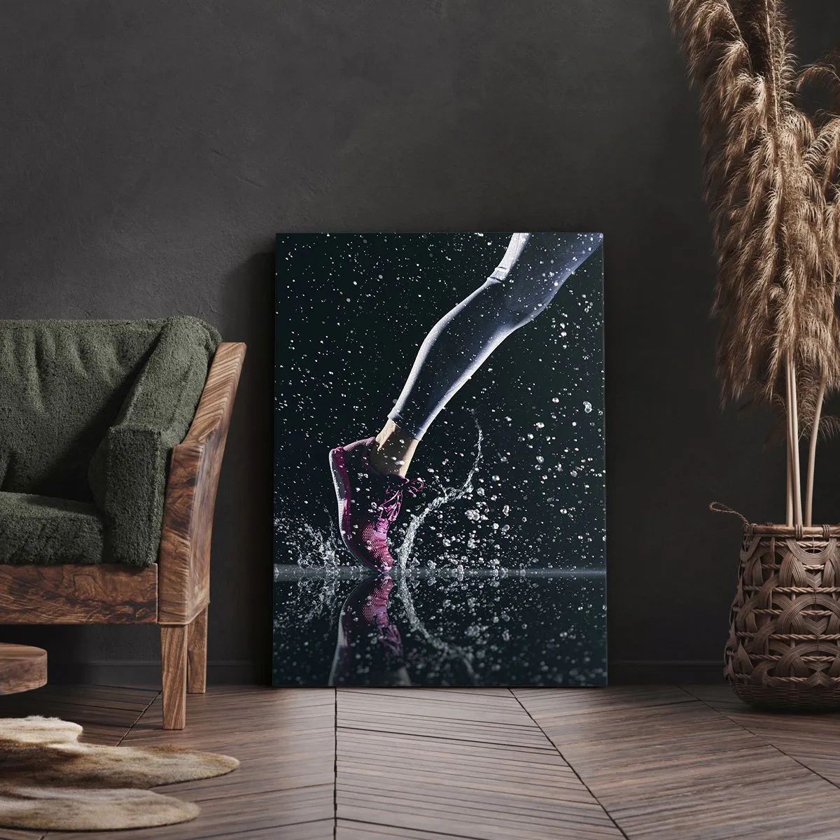 Impression sur toile - Image sur toile - Une prise de vue dynamique d'une course sous la pluie sur fond noir - 50x70cm - Combien de force dans les jambes - Décoration murale moderne pour le salon et la chambre ARTTOR
