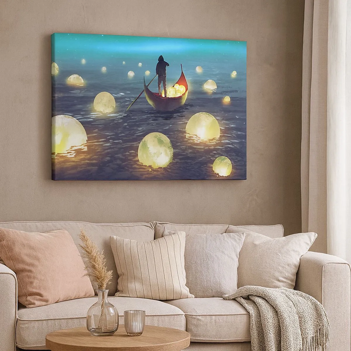 Impression sur toile - Image sur toile - Une silhouette dans un bateau entourée de boules lumineuses sur l'eau - 70x50cm - Des choses dont les philosophes n'ont jamais rêvé - Décoration murale moderne pour le salon et la chambre ARTTOR