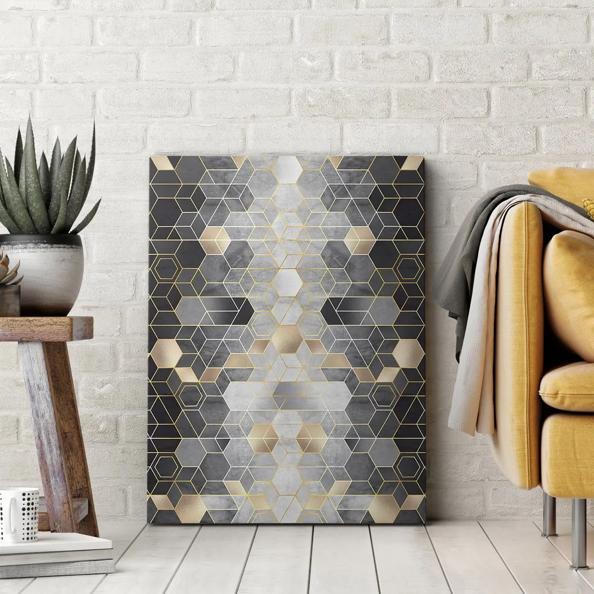 Impression sur toile - Image sur toile - Motif géométrique dans des tons dorés - 50x70cm - Composition de diamants - Décoration murale moderne pour le salon et la chambre ARTTOR