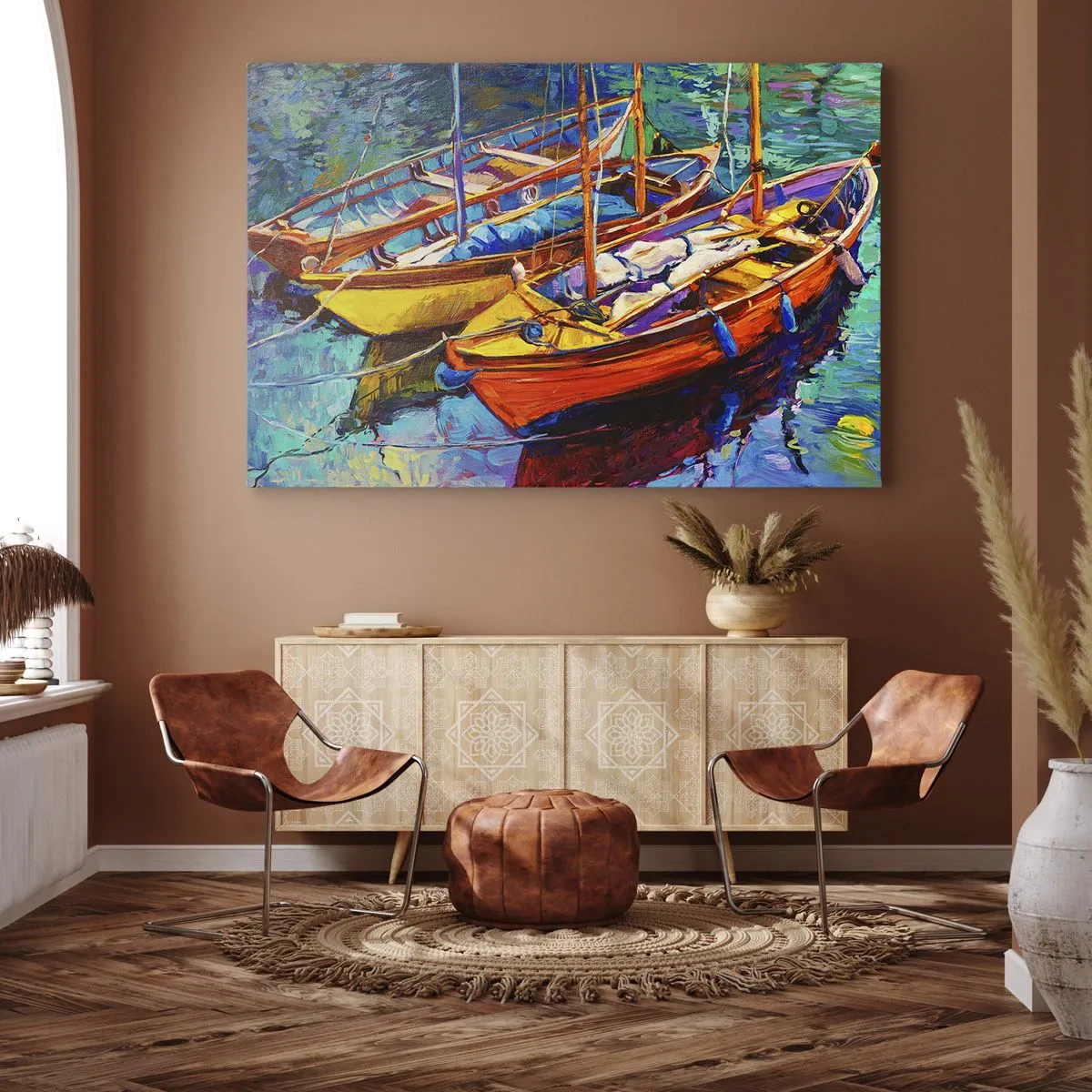 Impression sur toile - Image sur toile - Bateaux colorés sur une eau calme - 120x80cm - Sur l'eau épaisse de couleurs - Décoration murale moderne pour le salon et la chambre ARTTOR
