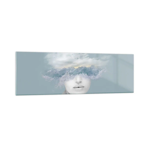 Impression sur verre - Image sur verre - Portrait d'une femme avec son visage caché derrière les nuages et les vagues - 160x50cm - La tête dans les nuages - Décoration murale moderne pour le salon et la chambre ARTTOR
