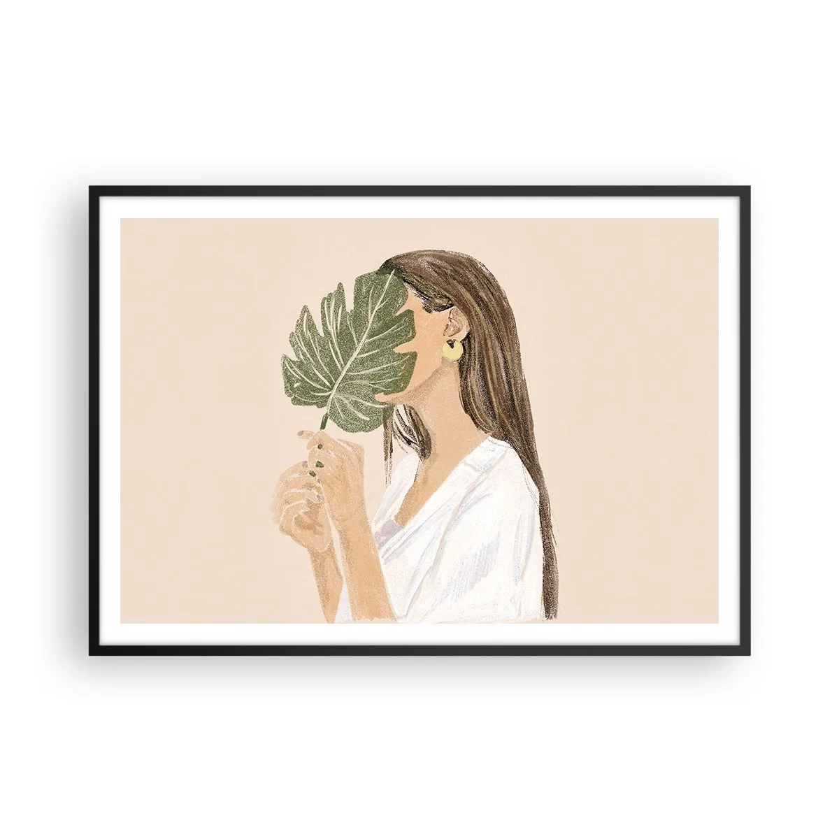 Affiche dans un cadre noir - Poster - Portrait d'une femme avec une feuille de monstera sur fond beige - 100x70cm - Portrait mystérieux avec un éventail - Décoration murale moderne pour le salon et la chambre ARTTOR