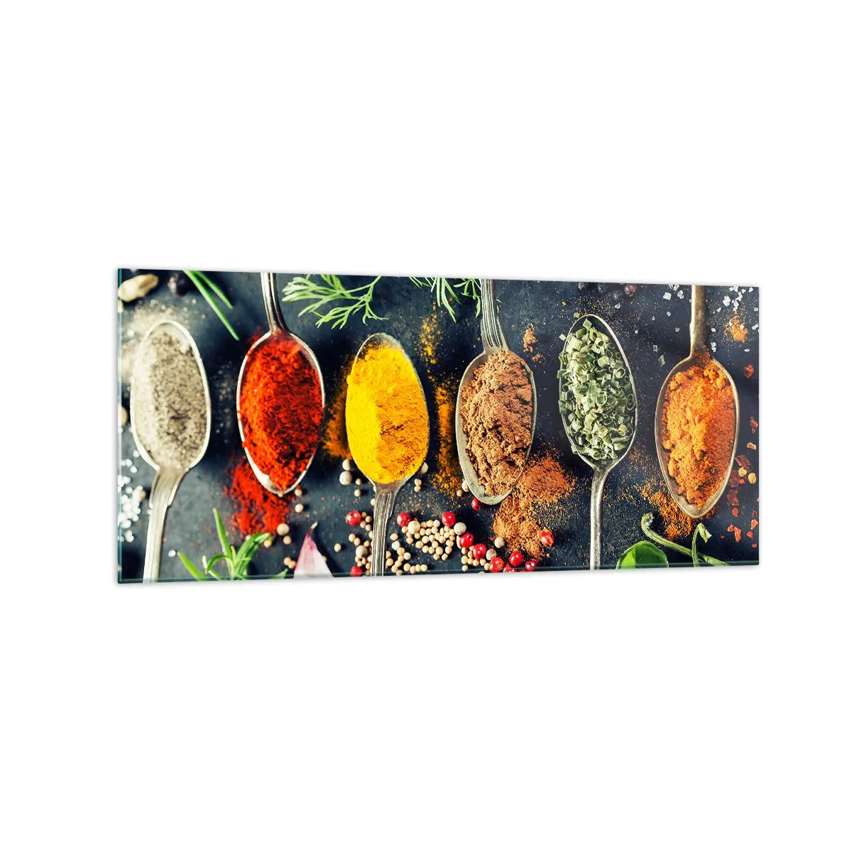 Impression sur verre - Image sur verre - Épices colorées sur des cuillères avec des herbes en arrière-plan - 120x50cm - Magie culinaire - Décoration murale moderne pour le salon et la chambre ARTTOR