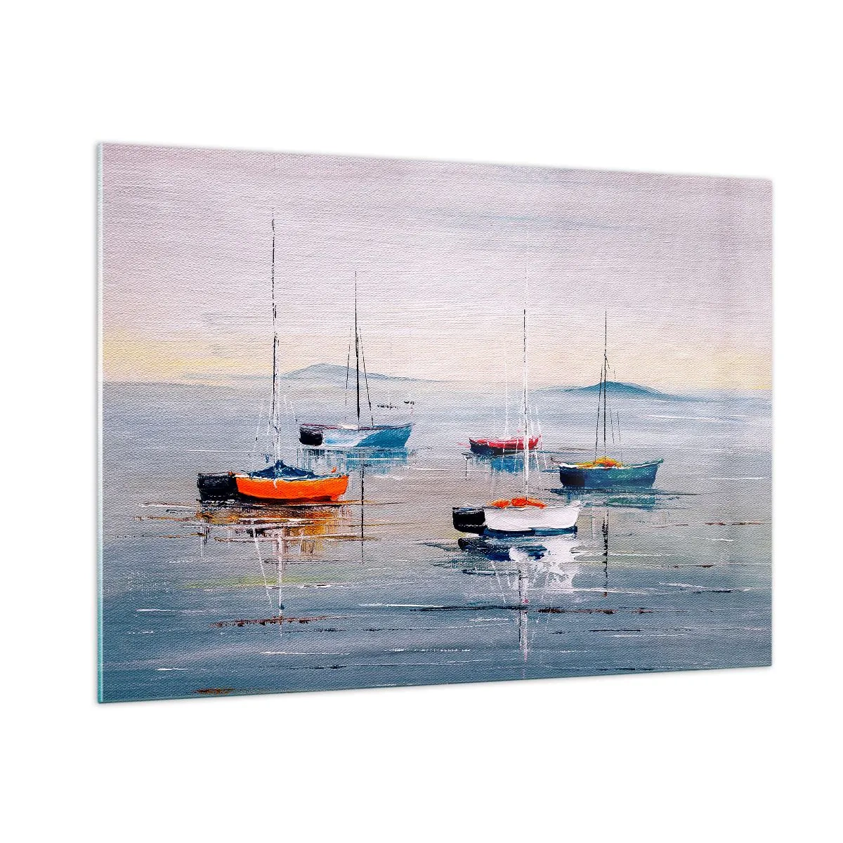 Impression sur verre - Image sur verre - Bateaux colorés dérivant sur l'eau calme au coucher du soleil - 100x70cm - Un repos bien mérité - Décoration murale moderne pour le salon et la chambre ARTTOR
