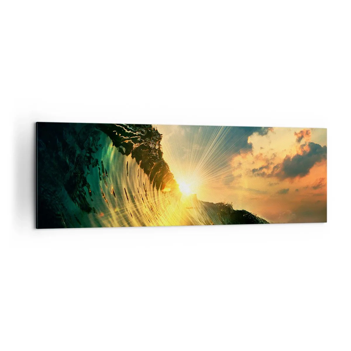 Impression sur toile - Image sur toile - Une vague avec le soleil couchant et les nuages illuminés - 160x50cm - Surfeur, où es-tu ? - Décoration murale moderne pour le salon et la chambre ARTTOR