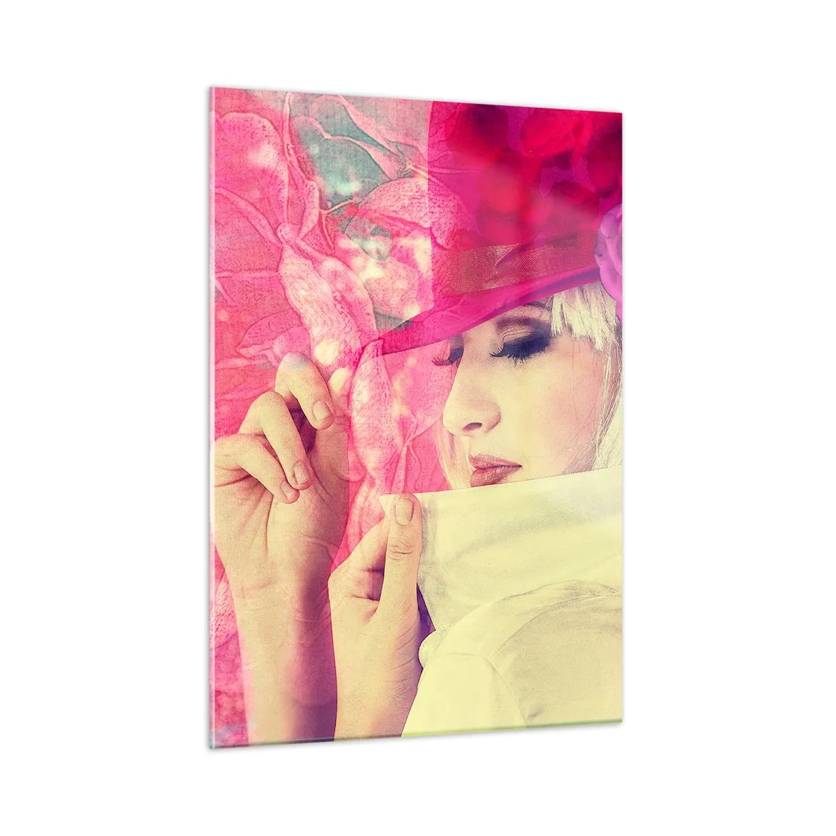 Impression sur verre - Image sur verre - Illustration d'une femme avec un chapeau rose et une fleur en arrière-plan - 50x70cm - Portrait rétro dans une brume rose - Décoration murale moderne pour le salon et la chambre ARTTOR