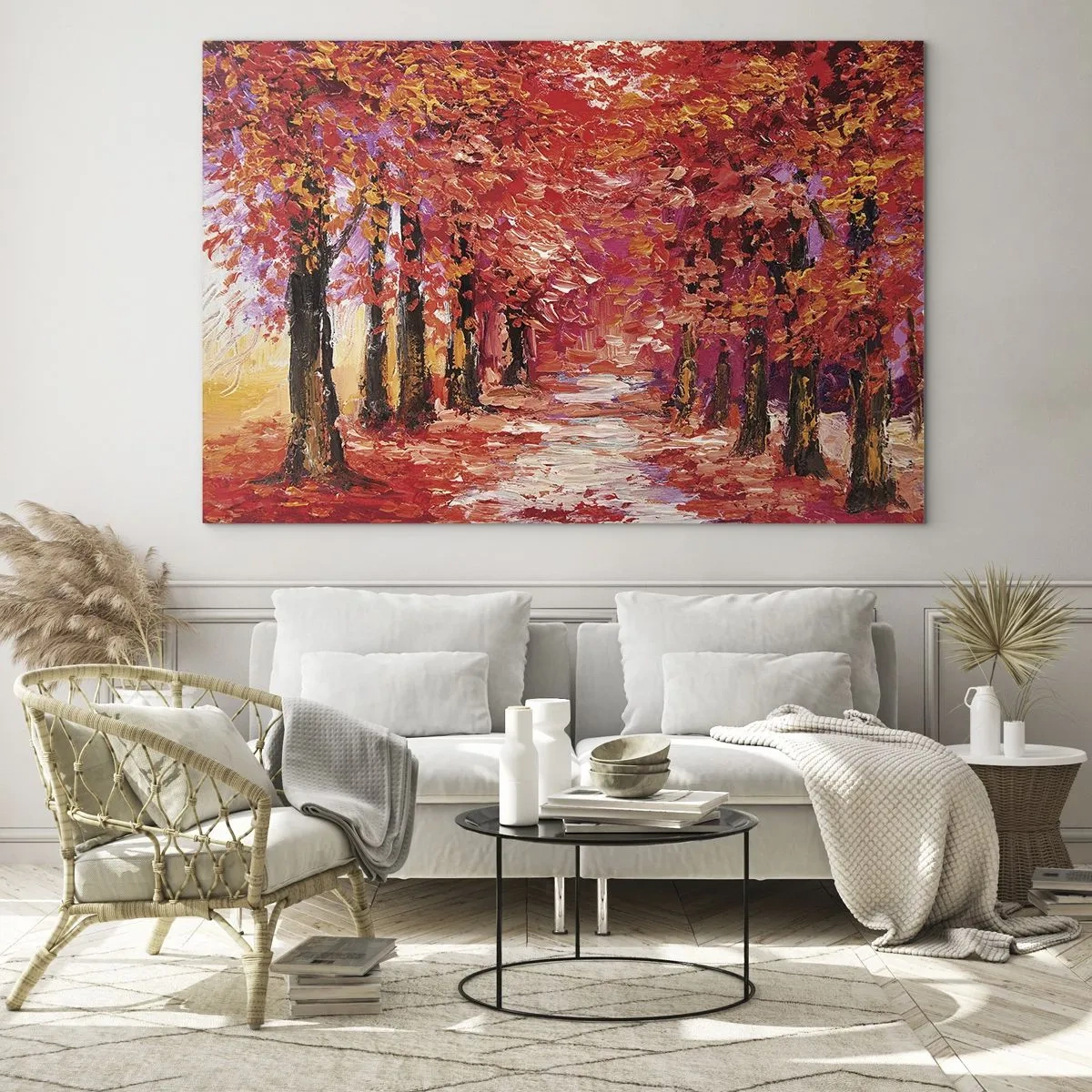 Impression sur verre - Image sur verre - Une ruelle pittoresque aux couleurs d'automne pleine de nuances chaudes - 120x80cm - Impression d'automne - Décoration murale moderne pour le salon et la chambre ARTTOR