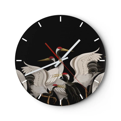 Horloge murale - Pendule murale - Un groupe de grues sur fond noir dans une illustration stylisée - 30x30cm - Histoire d'oiseaux - Décoration murale moderne pour le salon, la cuisine et la chambre ARTTOR