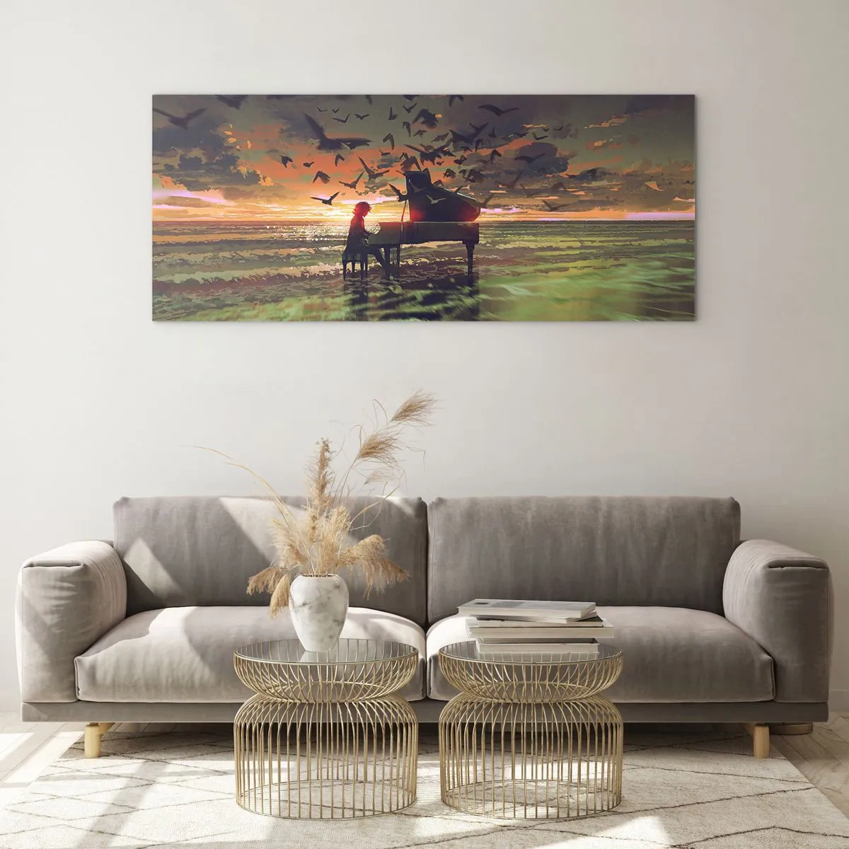 Impression sur verre - Image sur verre - Un piano au bord de la mer au coucher du soleil avec des oiseaux - 160x50cm - Concert pour piano et vagues - Décoration murale moderne pour le salon et la chambre ARTTOR
