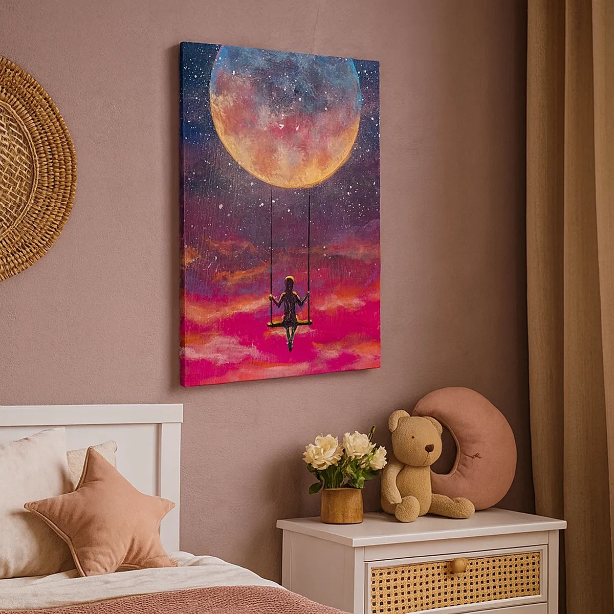 Impression sur toile - Image sur toile - Une silhouette sur une balançoire suspendue contre la lune - 50x70cm - Se balancer dans les nuages - Décoration murale moderne pour le salon et la chambre ARTTOR