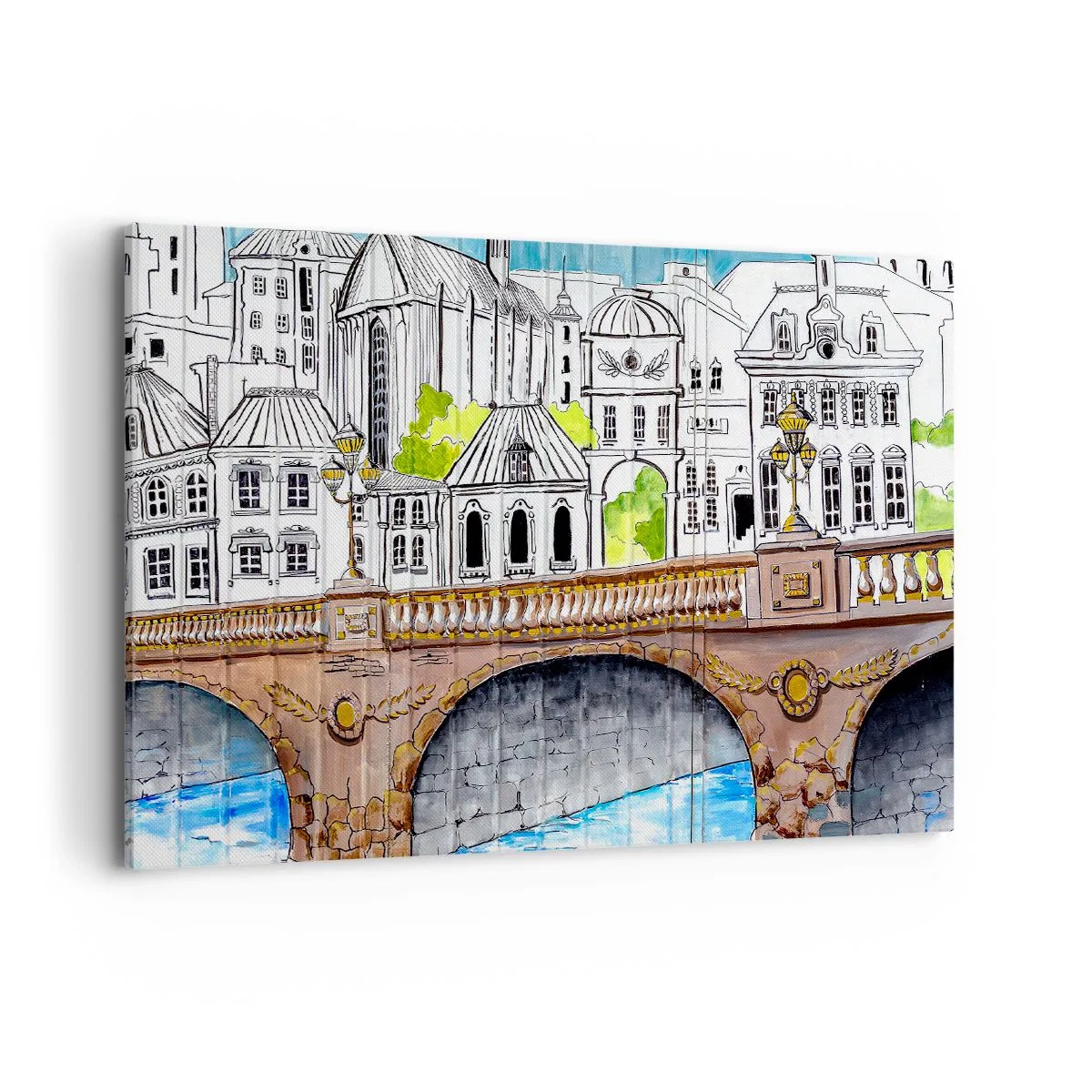 Impression sur toile - Image sur toile - Dessin du pont et de l'architecture urbaine historique - 100x70cm - Une ville comme peinte - Décoration murale moderne pour le salon et la chambre ARTTOR