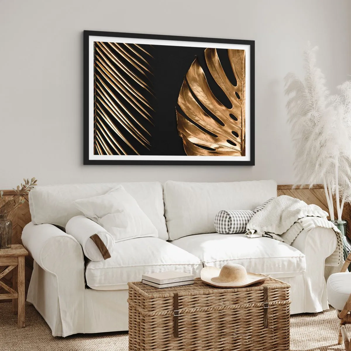 Affiche dans un cadre noir - Poster - Feuilles dorées sur fond noir - 100x70cm - Différent et tout aussi cher - Décoration murale moderne pour le salon et la chambre ARTTOR
