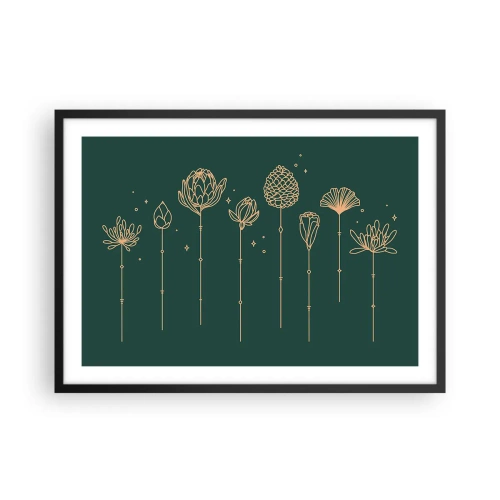 Affiche dans un cadre noir - Poster - Dessins dorés d'herbes sur fond vert foncé - 70x50cm - La famille Plante - Décoration murale moderne pour le salon et la chambre ARTTOR