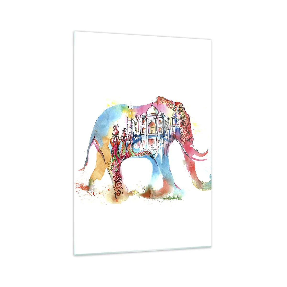 Impression sur verre - Image sur verre - Aquarelle colorée d'un éléphant avec un motif du Taj Mahal - 70x100cm - Inde - l'aura de l'amour - Décoration murale moderne pour le salon et la chambre ARTTOR
