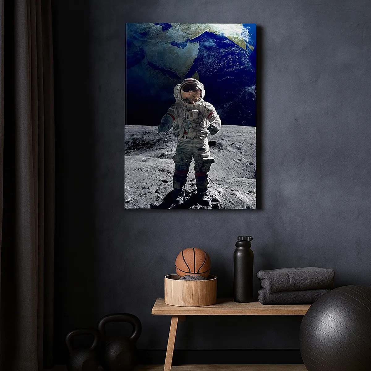 Impression sur toile - Image sur toile - Astronaute à la surface de la Lune avec la Terre en arrière-plan - 50x70cm - Salutations de la lune - Décoration murale moderne pour le salon et la chambre ARTTOR