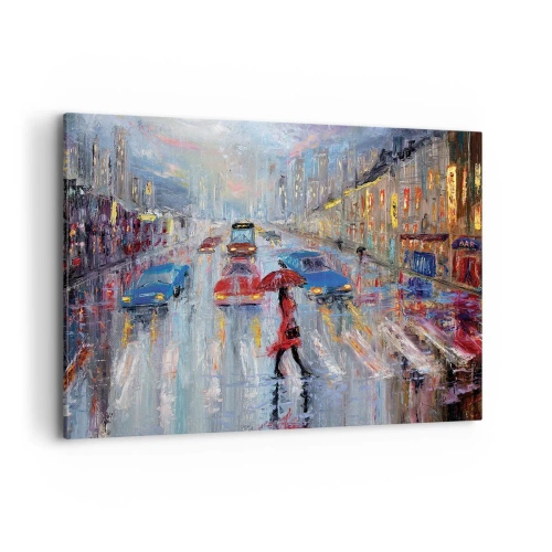 Impression sur toile - Image sur toile - Une femme avec un parapluie dans une rue pluvieuse à la lumière du néon. - 100x70cm - Après-midi pluvieux en ville - Décoration murale moderne pour le salon et la chambre ARTTOR
