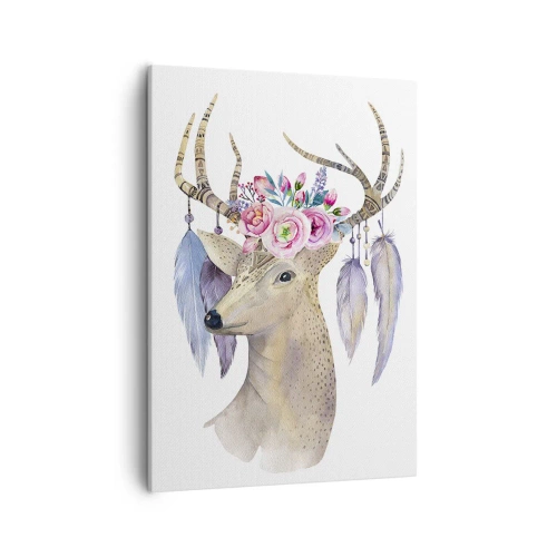Impression sur toile - Image sur toile - Cerf romantique avec fleurs et plumes - 50x70cm - Guide de l'âme - doux, innocent - Décoration murale moderne pour le salon et la chambre ARTTOR