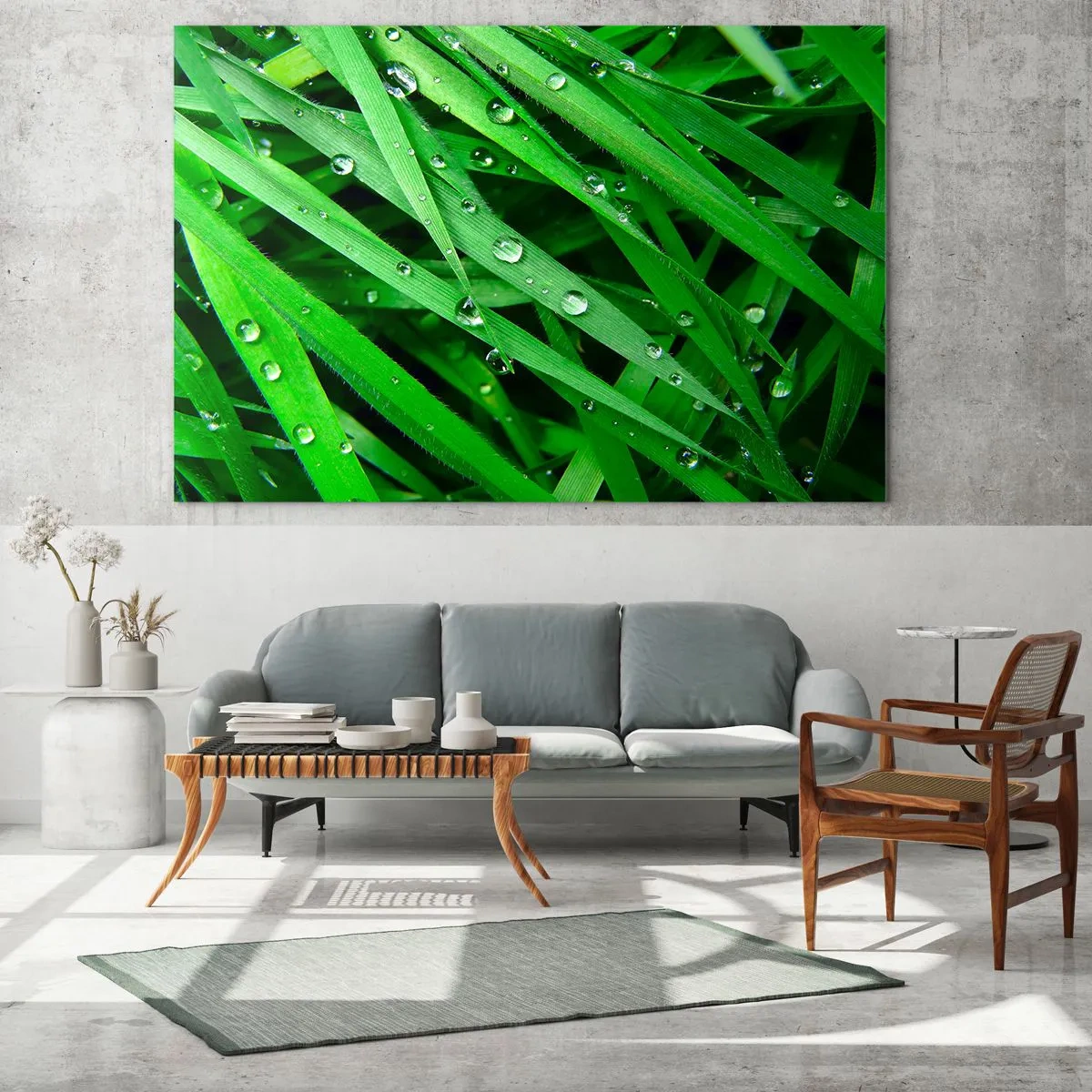 Impression sur verre - Image sur verre - Des brins d'herbe verts avec des gouttes de rosée - 120x80cm - Jouez dans le vert - Décoration murale moderne pour le salon et la chambre ARTTOR