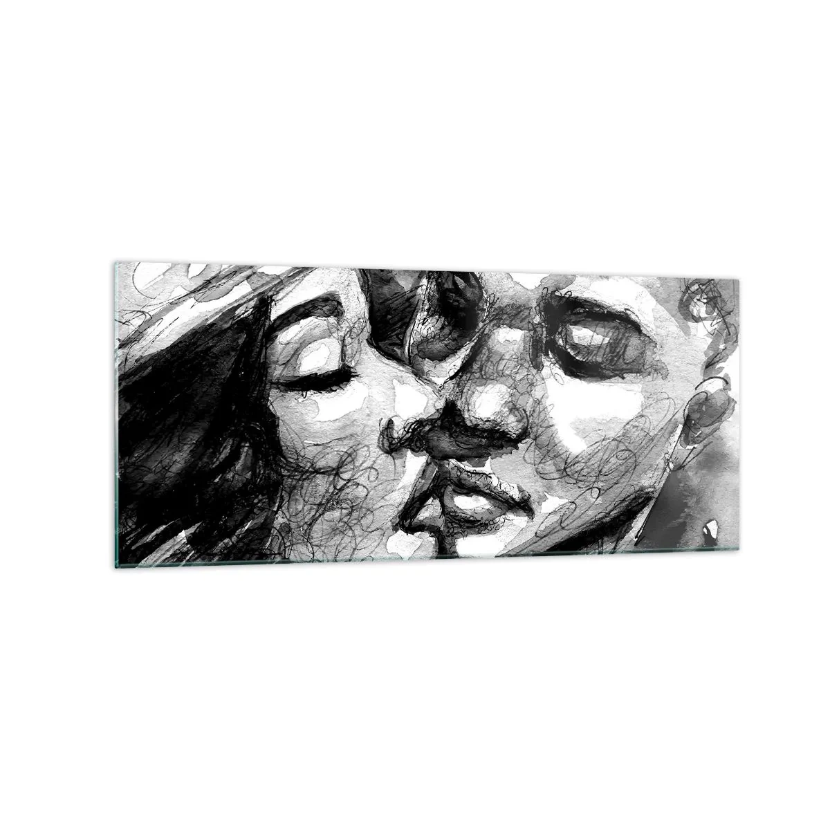 Impression sur verre - Image sur verre - Une aquarelle en noir et blanc représentant un moment intime entre deux personnes. - 120x50cm - Un moment tendre - Décoration murale moderne pour le salon et la chambre ARTTOR