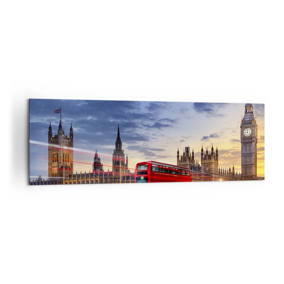 Impression sur toile - Image sur toile - Un bus rouge avec Big Ben et les Chambres du Parlement en arrière-plan au crépuscule. - 160x50cm - Caractères spéciaux - Décoration murale moderne pour le salon et la chambre ARTTOR